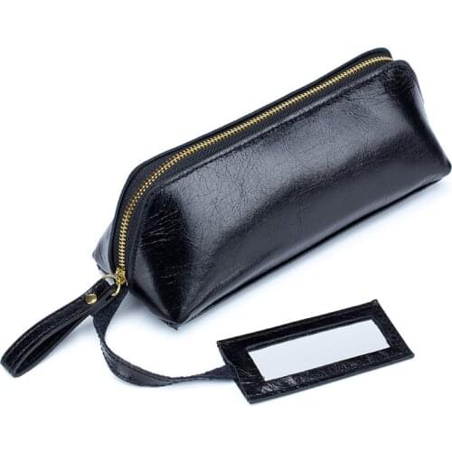 Brand Women Clutch Bag Genuine Leather Mouth Wallet Fashion Portable Lipstick Case Mini With Mirror Small Make-up Bag