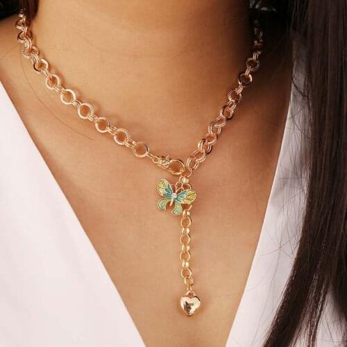 Gold Color Link Chain Butterfly Chokers Necklace for Women Colorful Enamel Butterfly Charm Pendant Necklace Summer Jewelry New