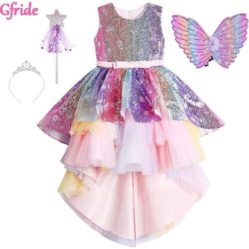 2021 Summer Princess Girl Rainbow Unicorn Pony Costume Dress For Kids Birthday Party Gown Elegant Piano Performance Dresses