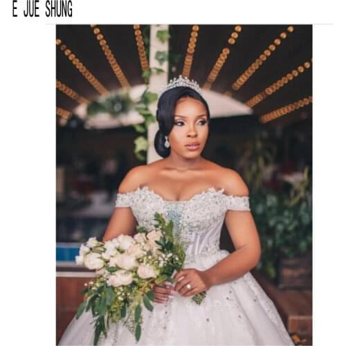 E JUE SHUNG Gorgeous African Wedding Dresses Off the Shoulder Beaded Ball Gown Wedding Gowns Tulle Bridal Gowns Vestido de noiva