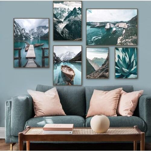 Mountain, river, lake, wooden boat bridge, natural landscape, DIY diamond painting art, mural, Nordic landscape, mosaic painting