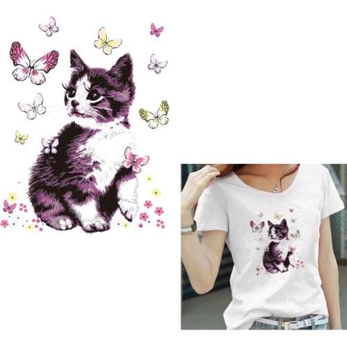 Cute Cat Heat-Adhesive Clorhing Stickers Iron-on Transfers For Clothing Accessories Butterfly Decor Heat-Transfer Vinyl T-Shirt