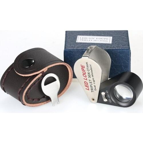 By dhl 50set high quality 30X Handheld LED Jeweler Loupe Mini Illuminated Magnifier Triplet Magnifying Glass UV LED Lights
