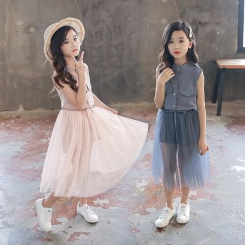 Fashion Kids Summer Clothing Set Mesh Girls Suit Sleeveless Teen Girl Clothes Solid Child Outfits 8 10 Years 2 Pcs Girl Costume
