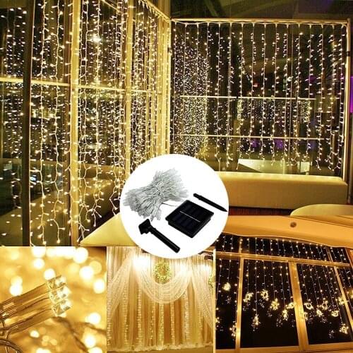 3x2/3x3m LED Solar Window Curtain String Light Outdoor Garden Curtain Light Lamp Christmas Wedding Holidays Party String Lights