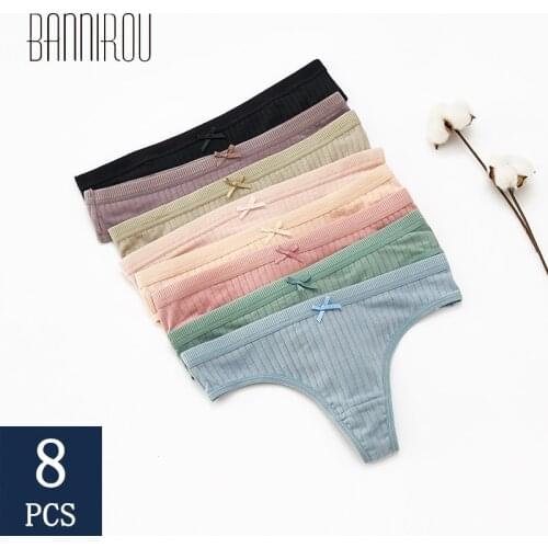 BANNIROU Womens Cotton Panties G-string Thongs Female Underwear For Woman Soft Striped T-back Woman Underwear 8 Pcs New Sale