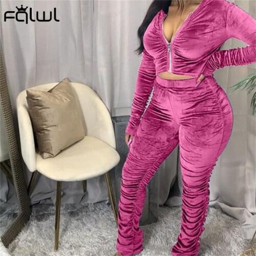 FQLWL Streetwear 2 Two Piece Sets Women Outfits Fall Long Sleeve Zipper Crop Top Skinny Pants Suits Soild Ruched Matching Sets