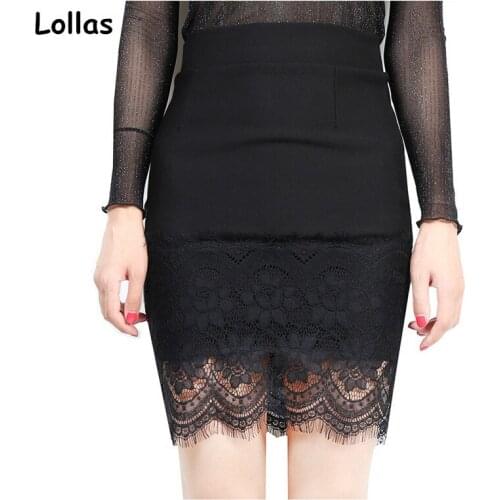 Lollas Women Pencil Skirt Female Fashion Office Lady Above Knee Skirts Woman High Waist Stitching Lace Elastic Mini Skirt