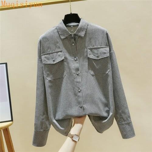 Korean style 2021 Spring Plaid Shirts For Women Turn Down Collar Long Sleeves Pocket Loose Shirt Tops Office Lady Blouses