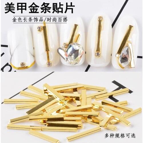 100PCS/Lot Long Strip Metal Electroplated Real Gold Bars Design Nails Art Decorations Accessories Manicure UV Gel Studs 6-12mm
