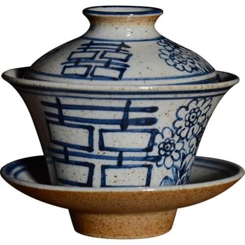 130ml Vintage Chinese Style Gaiwan Blue-and-White Porcelain Tureen Hand Painted Totems Antique Kung Fu Tea Set Soup Bowl Teaware
