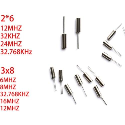 3x8 cylindrical passive crystal oscillator 2x6 cylindrical quartz crystal 32.768K quartz crystal 6MHZ12Mhz 32khz 24Mhz 32.768Mhz