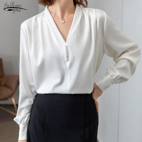 Satin Gloss Long-sleeved Blouse Woman 2021 Fall Fashion Pure Solid Temperament Women Shirt Beading Elegant V-neck Blouses 16500