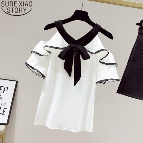 Sweet Tops Short Sleeve V-neck Straps Shirt Bow Blouses Sexy Off Shoulder Chiffon Blouse Women Summer New Korean Blusas 14848
