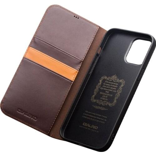 QIALINO Genuine Leather Flip Case for iPhone 11/11 Pro Max Handmade Phone Cover with Card Slots for iPhone 12 Mini/12 Pro Max