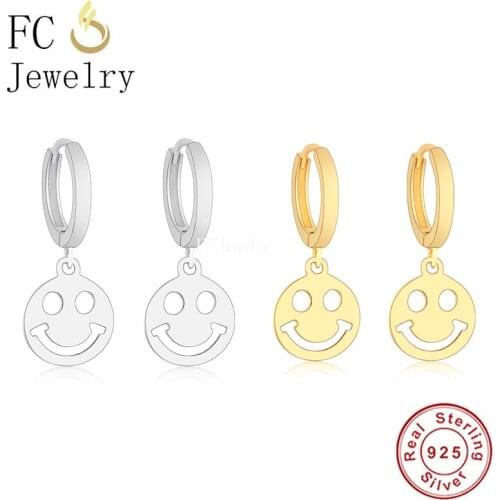 FC Jewelry 925 Sterling Silver Gold Color Round Circle Happy Emotion Smile Face Plain Hoop Earring For Women Ear Pierces 2020