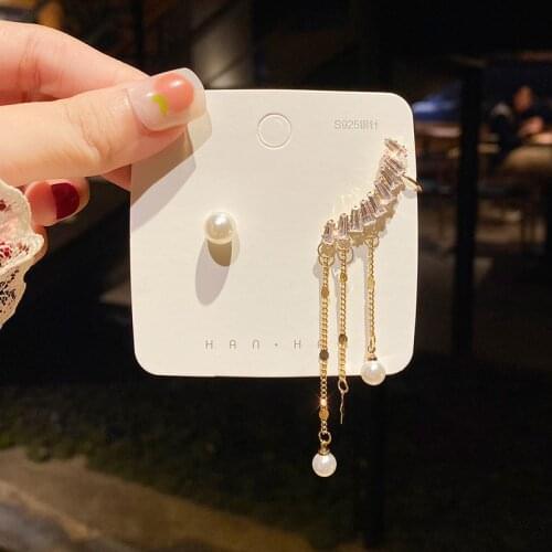 Korean Earrings Fashion Jewelry Zircon Simulation Pearl Asymmetric Star Tassel Earrings For Women Pendientes Wholesale Oorbellen