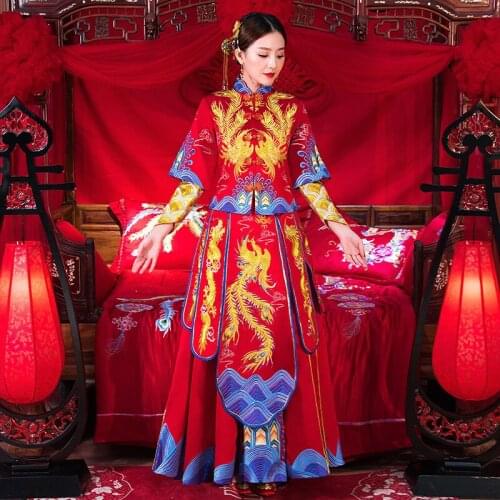 Red Embroidery Phoenix Cheongsam wedding dress For Overseas Chinese Women Vestido Oriental Collar Sexy Long Qi Pao Party Show