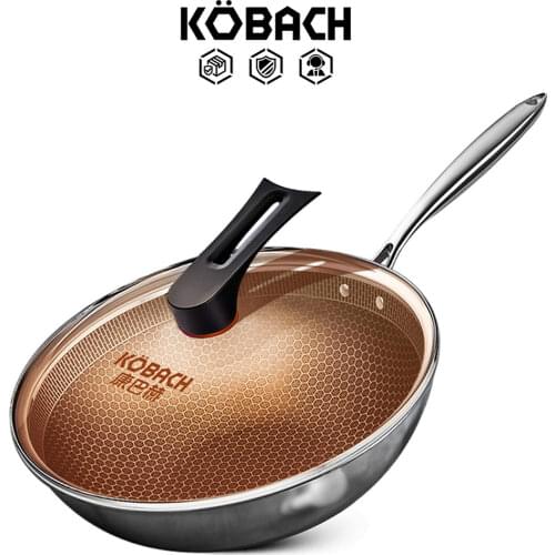 KBH 32cm nonstick wok honeycomb nonstick bottom 304 stainless steel kitchen cookware no lampblack chinese wok with glass lid