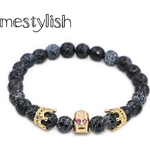 Mestylish Spartan warrior Men Jewelry skull Crown Charms bracelet for Men Onyx beads bracelet man Strand Bracelet Pulsera