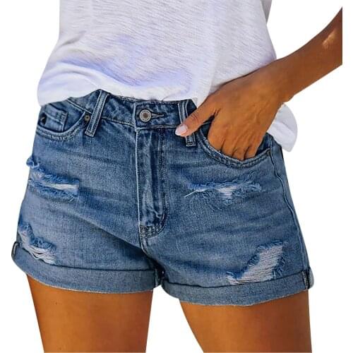 Fashion Womens Denim Shorts Pocket Solid Jeans Shorts Female Hole Bottom Casual Shorts Harajuku Women Clothing Vetement Femme