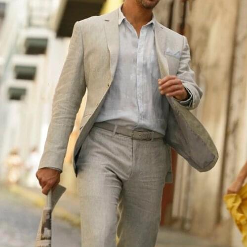 2021 New Summer Gray Linen Suits For Men Fashion Clothes 2 Piece Custom Wedding Tuxedo For Groom Men Set Blazer With Pants