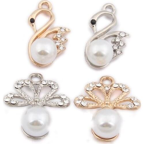 New Arrival Round White Pearl Decorated Rhinestone Core Alloy Charms Animal Swan Flower Shape Necklace Earring Pendants 10pcs