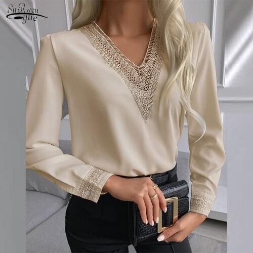 Autumn New Lace Long Sleeve Shirt Women Tops Solid V Neck Embroidery Blosues Women Casual Satin Silk Chiffon Shirts Blusas 15777