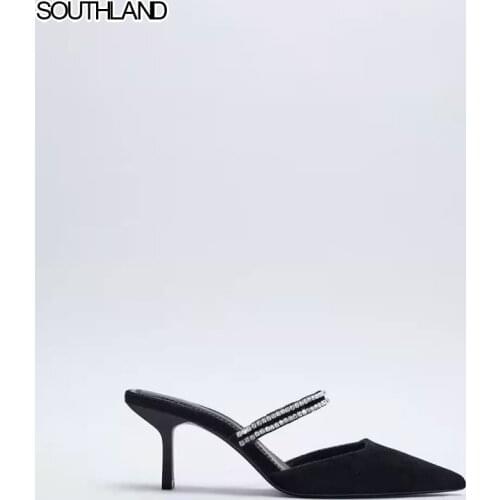 SOUTHLAND Sexy stiletto shoes New womens shoes Black velvet High heels OL pointed back empty women shoes