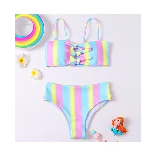 2021 New Girls Split Swimsuit With Two Piece Gradient Strip Swimsuit Sexy Split Swimsuit Girls Rainbow For Swimwear 5-12years