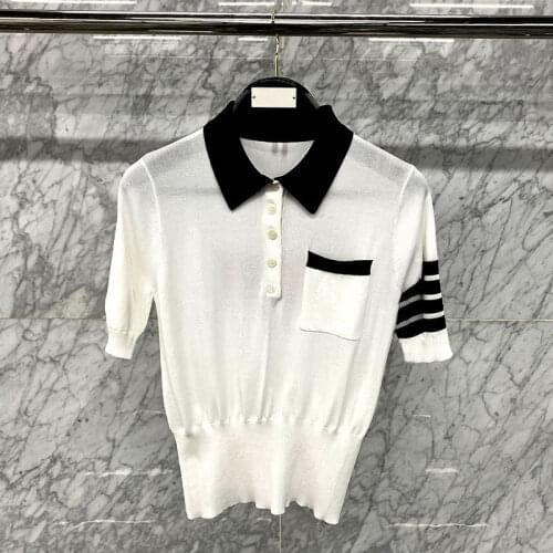 TB THOM Brand Women POLO Shirt Ice Dog Jacquard Turn Down Collar Summer Short Sleeve Top Slim Korean Design High Quality Soft