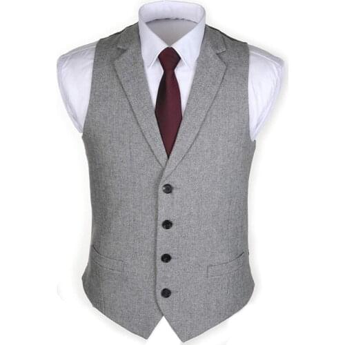 Gray Herringbone Mens Vest for Wedding Tweed Single One Piece Man Suit Waistcoatwith Notched Lapel Custom Europen Size Vests