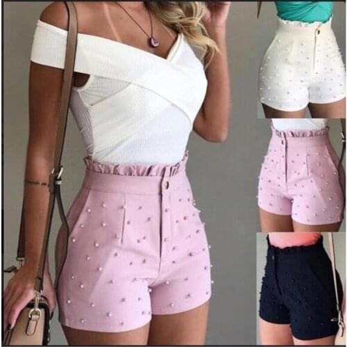 2020 New Fashion Solid Color High Waist Button Ruffled Beaded Summer Women Shorts Button Women Shorts Ruffled Beaded Summer