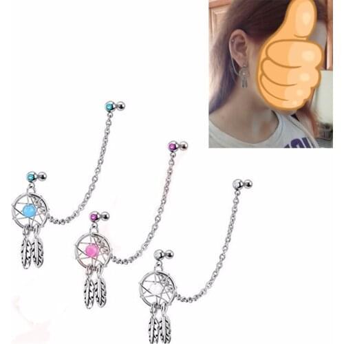 Showlove1pcs different Color Dream Catcher Dangling Chain Earrings Ear Ear Helix Tragus Cartilage Studs Piercing Barbell Jewelry