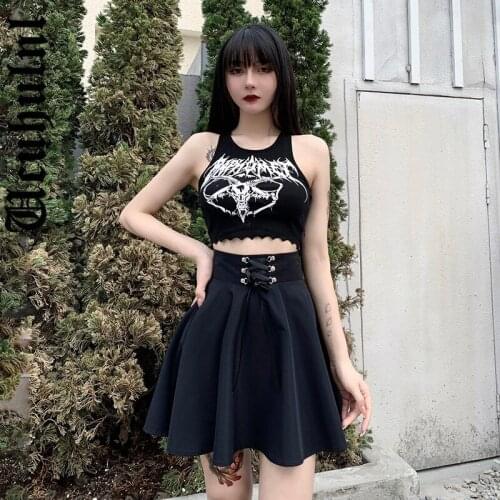 Ucuhulnl Dark Gothic Punk High Waist Skirt Women Streetwear Vintage Mall Goth Lace Up A-line Skirt Grunge Fashion Black Jk Skirt