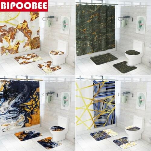Marble Pattern Bath Curtain Waterproof Geometric Shower Curtains for Bathroom Decor Stone Grain Toilet Lid Cover Bath Mat Set