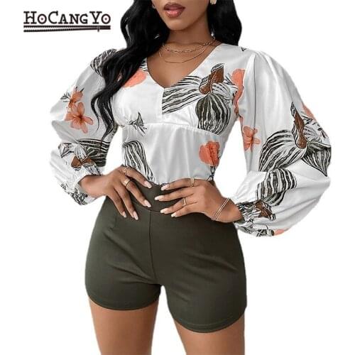 Summer Women Short Sets Long Sleeve Floral Print V Neck Ruffles Tops and Short Sets Womens Casual Cotton Suit Two Pieces Sets