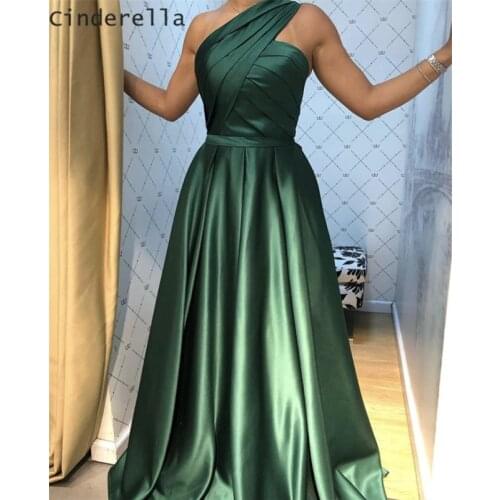 Cinderella Green One Shoulder Sleeveless A-Line Floor Length Satin Pleated Long Prom Dresses vestidos de fiesta de noche