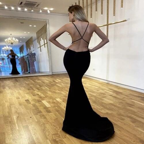 2020 Black Sexy Open Back Jersey Mermaid Prom Dresses Spaghetti Straps Sleeveless Backless Scoop Evening Dresses