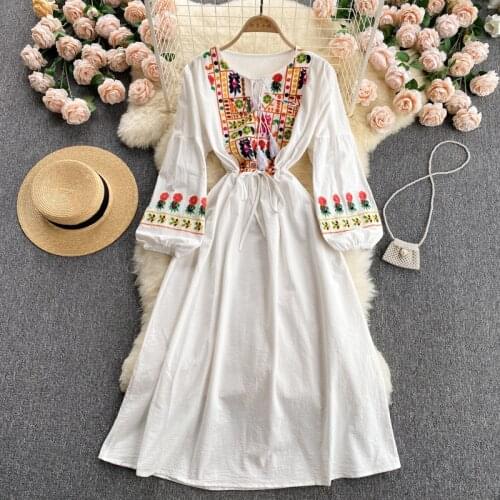 White Fashion Print Summer Woman Dress V Neck High Waist Korean Casual Dresses for Women Full Sleeves Draw Back Long Vestidos