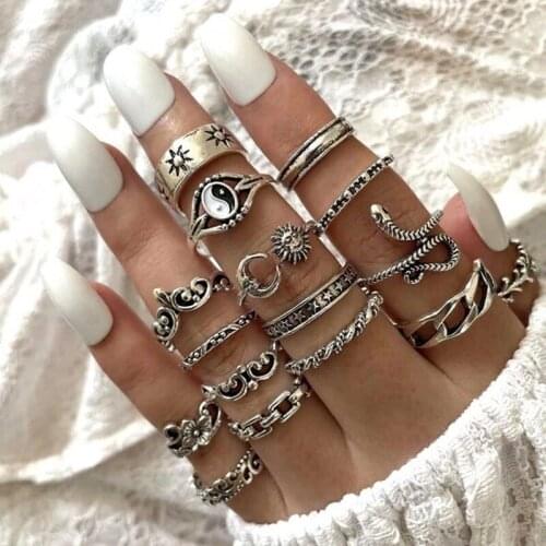 2021 Fashion Trend Style New Temperament Jewelry Personality Female Retro Alloy Snake Moon Sun Gossip Ring Set Free Shipping