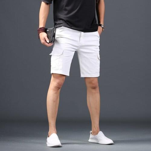 Summer New White Denim Shorts Men Cargo Shorts Mens Casual Cotton Straight Knee Length Pants