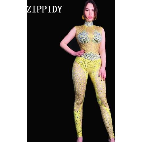 Shining Yellow Design Stones Jumpsuit Female Celebrate Bodysuit Women Singer Dancer Fashion Stretch Leggings