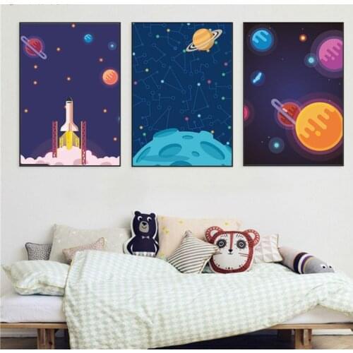 Nordic Style New Space Rocket Planet Decorative Painting Living Room Bedroom Childrens Room Mural Frameless Painting Canvas