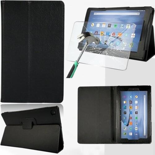 For Amazon Fire 7/Fire HD 8/Fire HD 10 Pu Leather Back Support Fold Stand Tablet Case+Tablet Tempered Glass for Fire HD 8 Plus