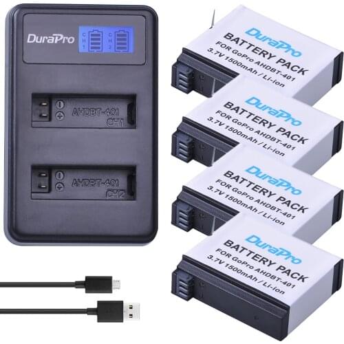 For GoPro Hero4 Hero 4 battery + LCD dual charger for go pro AHDBT-401 HERO4 Black Silver action camera accessory
