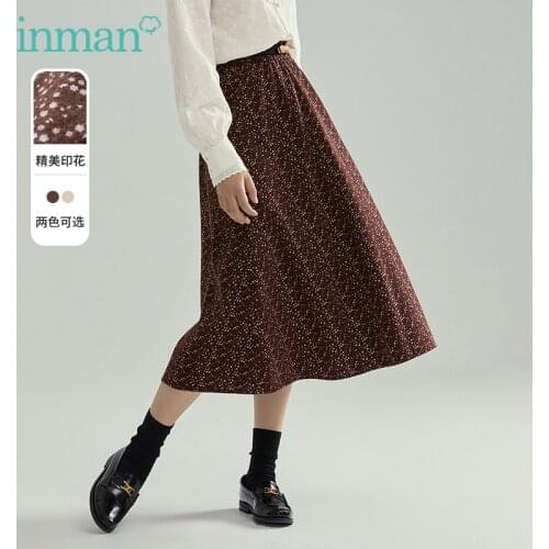 INMAN Autumn Winter Floral Print Aesthetic Skirt Elegant Lady Female Retro Elastic Mid Wasit A Line Cotton Bottom Wear
