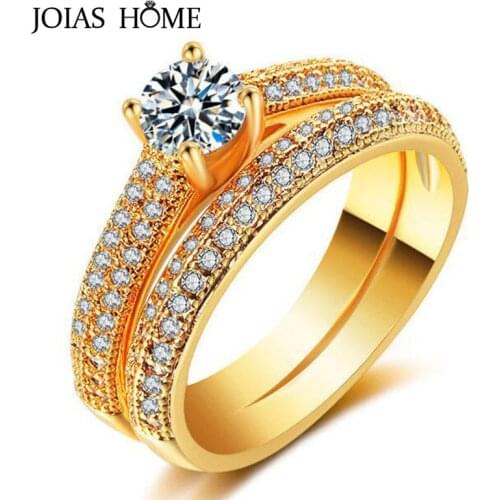 JoiasHome925 Sterling Silver Set Ring Vintage Gold Micro Inlaid Zircon Fashion Engagement Banquet Ring Size 4-11