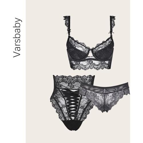 Varsbaby Ultra-thin sexy lingerie womens see-through lace bra panties set high waist briefs ladies panties