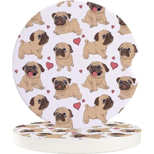 Pug Cute Heart Dog Cartoon Design Small Round Ceramic Car Coasters Set For Drinks Coffee Tea Beverage Cup Holder